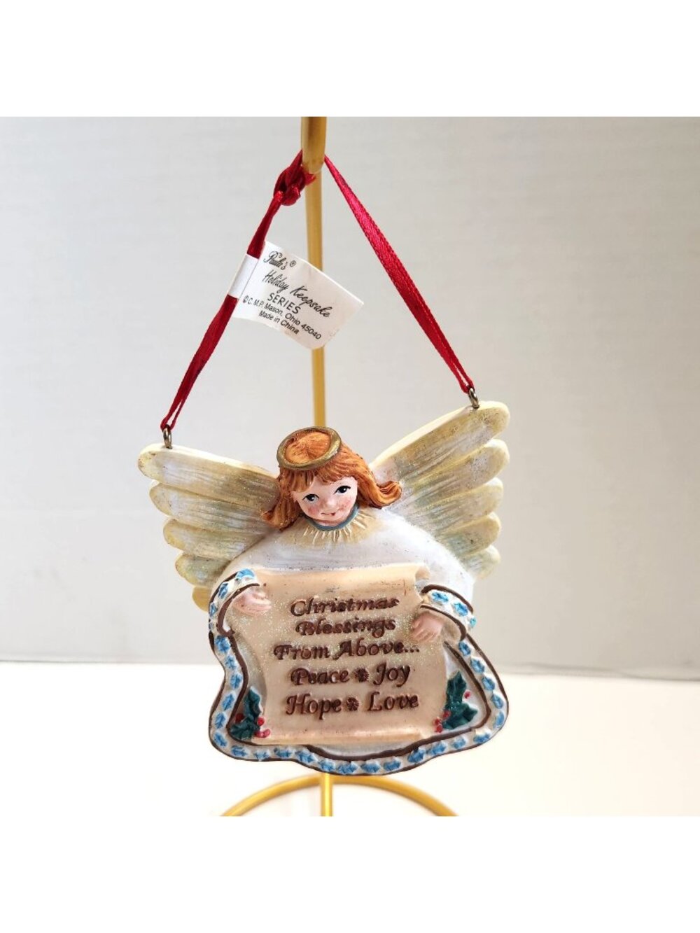 Christmas Angel Ornament With Blessings Scroll & Red Ribbon 4.5" Paulas Holiday